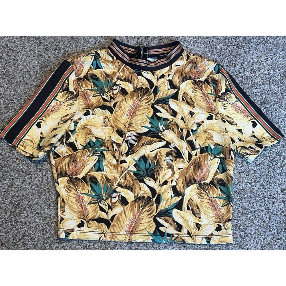 Jealous Tomato Women's Crop Top Palm Print  Mock Neck Zip Closure Sz Large